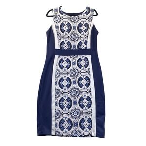 Kate and Lily Navy Blue White Lace Print Sheath Dress Size 14 Sleeveless 13585